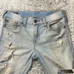 Gently worn Light Wash Distressed True Religion Finn Slim Tapered Jeans size 32